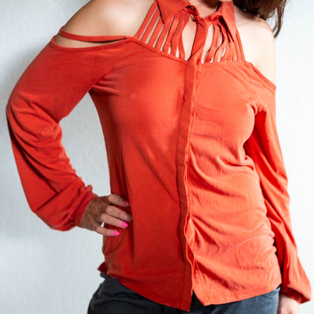Orange Long-Sleeve Button-Up Shirt Open Shoulders